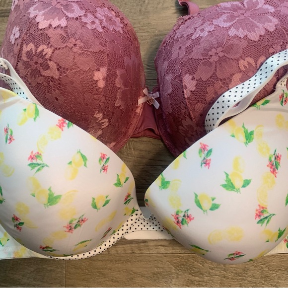 Victoria Secret Bundle 2 Bras Lace Perfect Shape Lemon Print Push Up - Picture 3 of 13